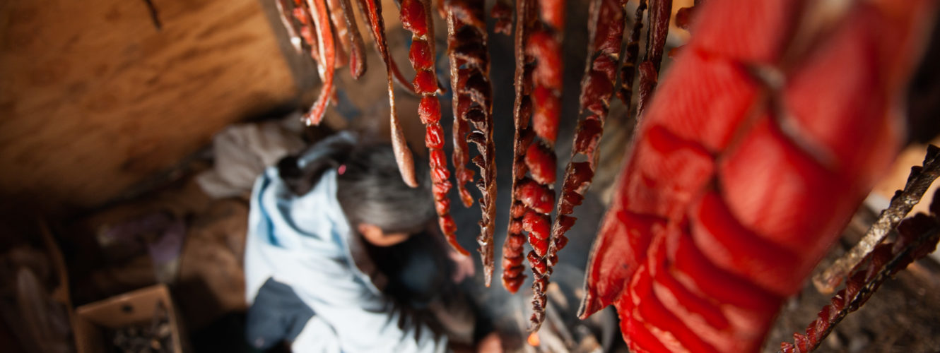 Natalia Andrew, a Native Alaskan subsistence fisherwoman from New Stuyahok village, re-lites the fire in her smoke house. She uses cotton wood to smoke her salmon and burns a special fungus to keep the fish soft and the bears away. Natalia and her husband spend the summer months catching and smoking salmon at their Lewis Point summer fishing camp, Bristol Bay, Alaska, USA 17th June 2009